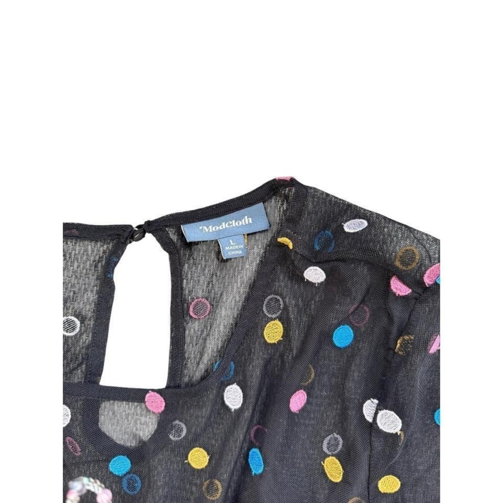 ModCloth Polka Dot wedding guest dress Womens Large Black Mesh sheer sleeves - Picture 3 of 6